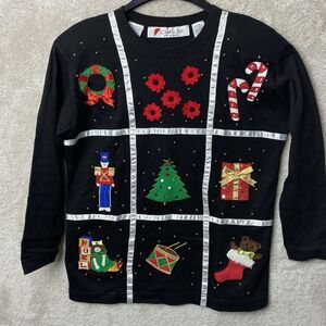 Ugly Christmas LS Top Shirt PS Chaus Petites Beads Embellished Wreath Tree Noel